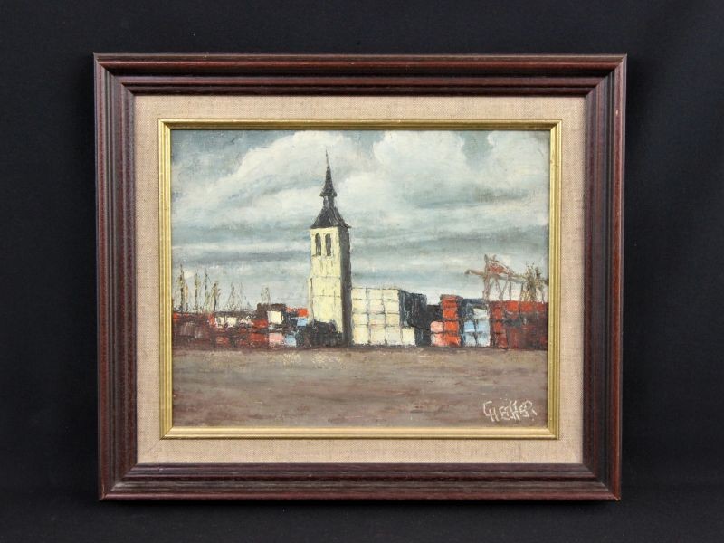 Klein olieverf schilderij Sint-Laurentiuskerktoren Wilmarsdonk